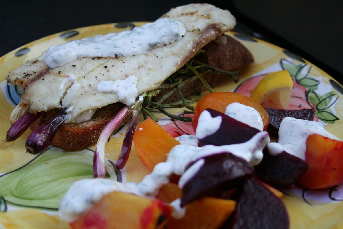 Grilled Tilapia with Roasted Beets, Grilled Red Scallions and Lemon